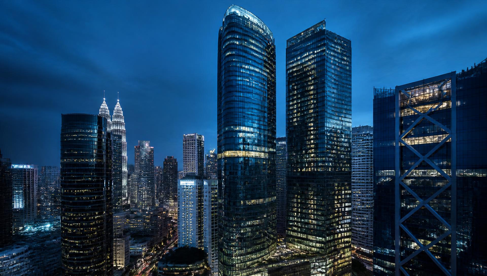 Commercial office towers in the Kuala Lumpur central business district at dusk